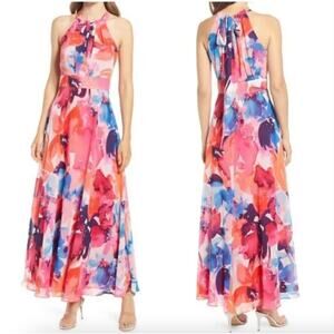 ELIZA J Women's Maxi Dress Chiffon High Neck Bold Watercolor Floral Print NEW 10